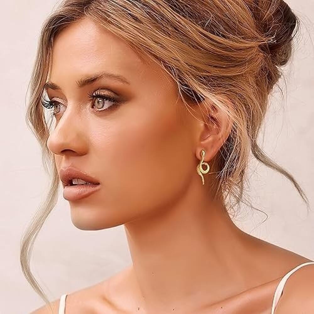Gold Snake Earrings for Women - 14k Gold Plated Thin Hoops,Hypoallergenic Gold - Picture 3 of 5